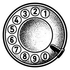 disk dialer phone sketch engraving PNG illustration. T-shirt apparel print design. Scratch board imitation. Black and white hand drawn image.