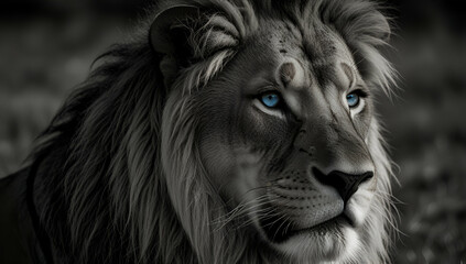 A white lioness looking intensely with her blue eyes in this beautiful close up photo of her face., Generative AI

