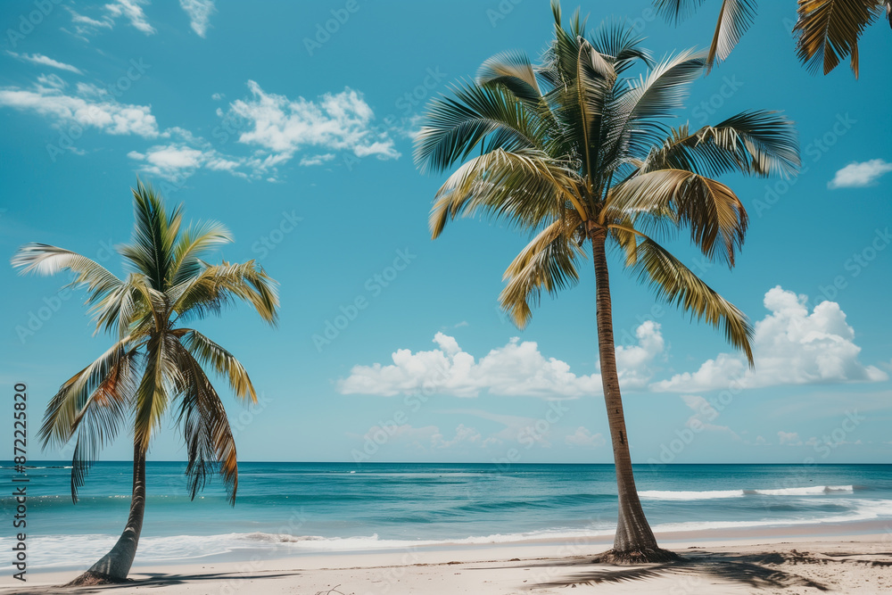 Wall mural a beautiful tropical beach with palm trees and blue sky. a photo of the ocean, white sand and two ta