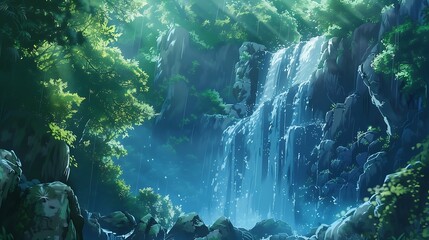 Obraz premium A Tranquil Waterfall in a Lush Forest