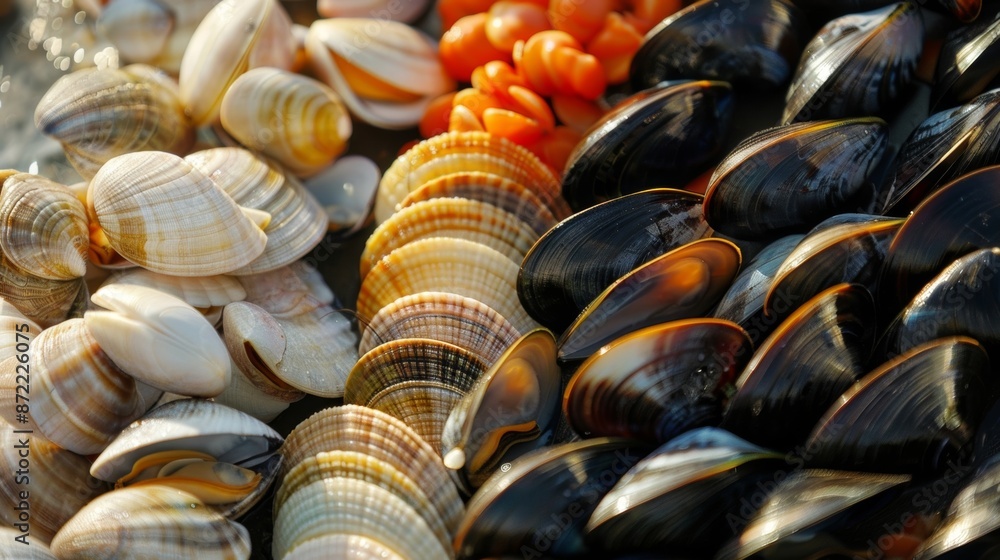Poster a colorful array of assorted fish clams and mussels are neatly arranged on a wooden ting board ready