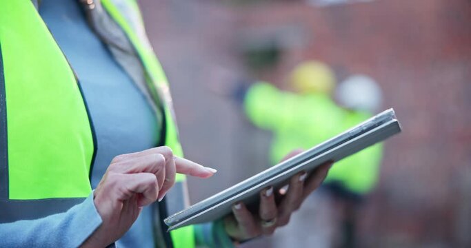 Construction, inspection and hands with tablet for typing, quality control and maintenance. Building site, architecture and person for record information, project management and online report
