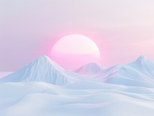 A mountain range with a pink sun in the sky