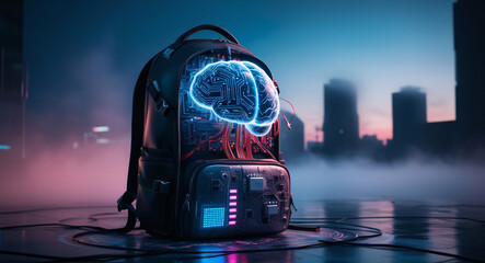 technological school backpack, artificial intelligence, back to school, brain, space for text