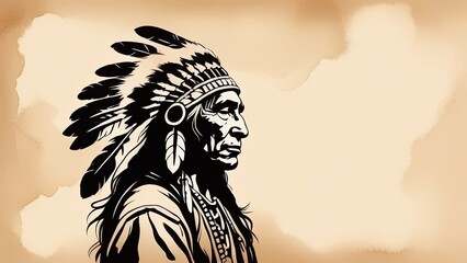 Indigenous People Day horizontal background with a silhouette of Native American. With space for text. Native American Heritage Month. Native American Day background design. 