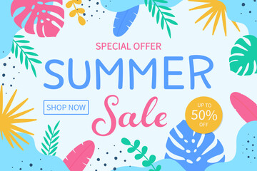 Summer Sale poster. Vacation background with tropical leaves - palm, monstera. Vector illustration