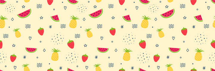 Colourful summer background with hand drawn fruits. Creative seamless pattern. Vector illustration
