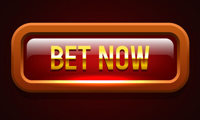 Bet Now button. Red button with brown frame and gold letters. Vector clipart.