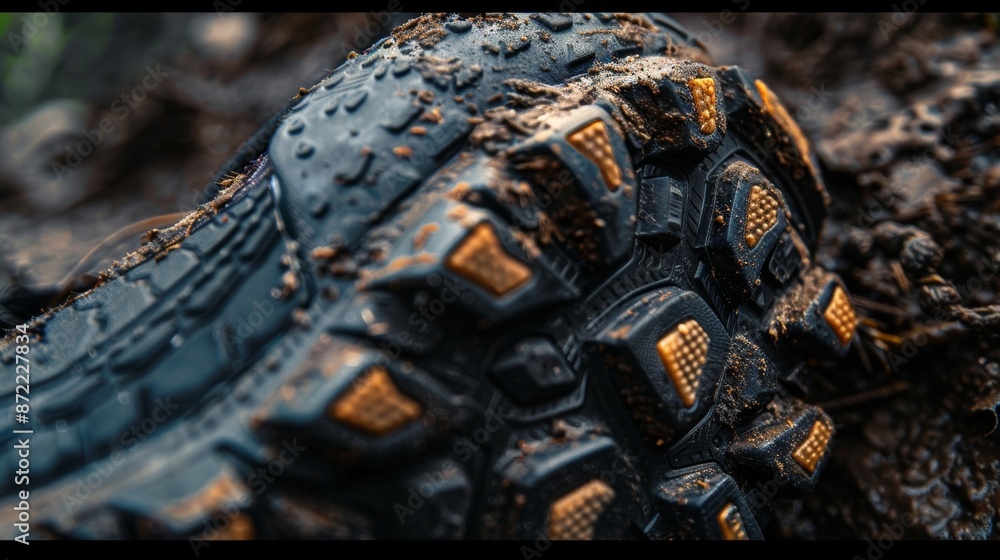 Poster a macro shot of a hiking boots sole showing the intricate treads and patterns designed for maximum g