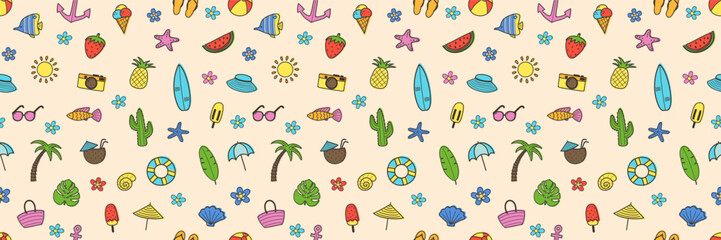 Creative cartoon summer seamless pattern. Holiday background with hand drawn elements. Vector illustration