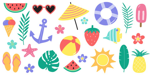 Set with cartoon summer stickers. Design with colourful icons. Vector illustration