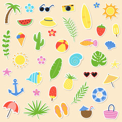 Cute hand drawn summer stickers. Creative background with cartoon vacation icons. Vector illustration