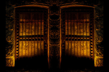 Portão de ferro iluminado por luz de cor amarela. 