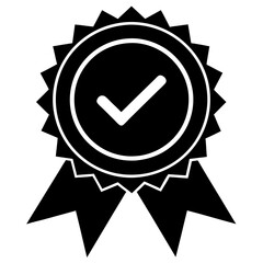 Develop a certification badge with a ribbon, a check mark, within a circular border  silhouette vector art illustration