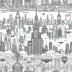 Minimalist cartoon art of futuristic cityscape with skyscrapers and flying cars (tile)