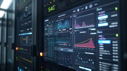 A photograph of a cloud networking dashboard, with detailed analytics