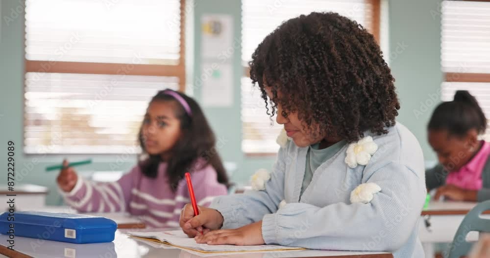 Poster student, question and excited in classroom with answer, education and learning for engaging lesson. 