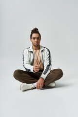 A young African American man sits with his legs crossed, wearing a white jacket and brown pants,...