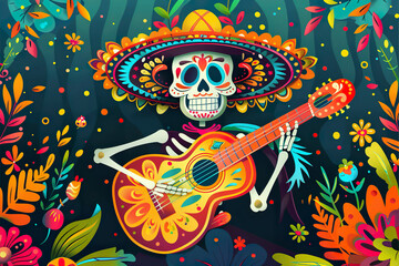 Obraz premium A skeleton dressed in a sombrero and playing a guitar, generative ai image.