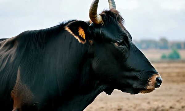 Toro de lidia espa&ntilde;ol de perfil y color negro sobre fondo desenfocado