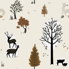 Minimalist cartoon art of wild animals in the forest, with deer and wolves (tile)