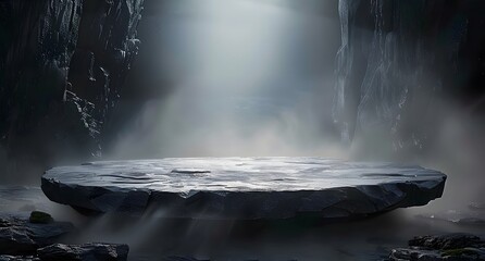 A Dark stone podium with fog and mist in the background. Dark black floor podium dramatic empty night room table concrete wall scene place display studio smoky dust