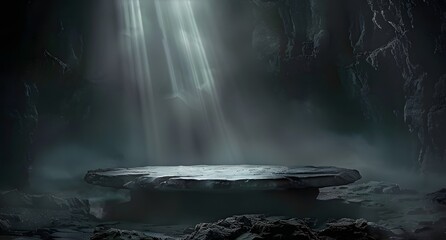 A Dark stone podium with fog and mist in the background. Dark black floor podium dramatic empty night room table concrete wall scene place display studio smoky dust