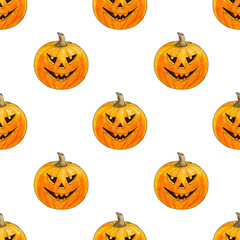 Halloween scary pumpkins seamless pattern. Watercolor illustration Jack's pumpkin head for scrapbooking, invitation, card, wrapping paper, holiday party, textile, wallpaper, flyers.