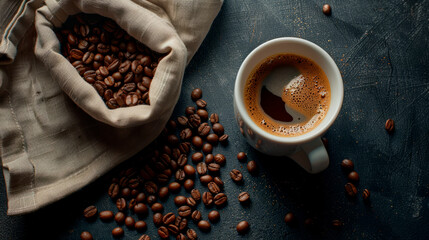 Top view of Cup of coffee and coffee beans in a sack on dark background.