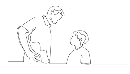 continuous line drawing of father scolding son. one line drawing of father advising son. single line vector illustration. isolated on white background