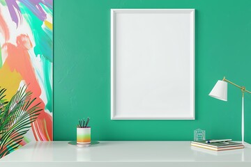 Modern office design with a white desk, colorful abstract art, and an empty white frame on a vibrant green wall in a  layout.