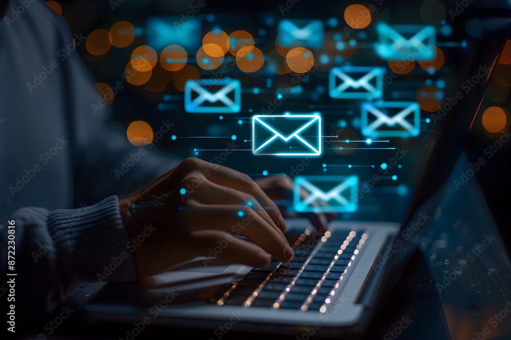 Aufkleber email spam concept. a person uses a laptop with a virtual screen of spam email notifications, warnin