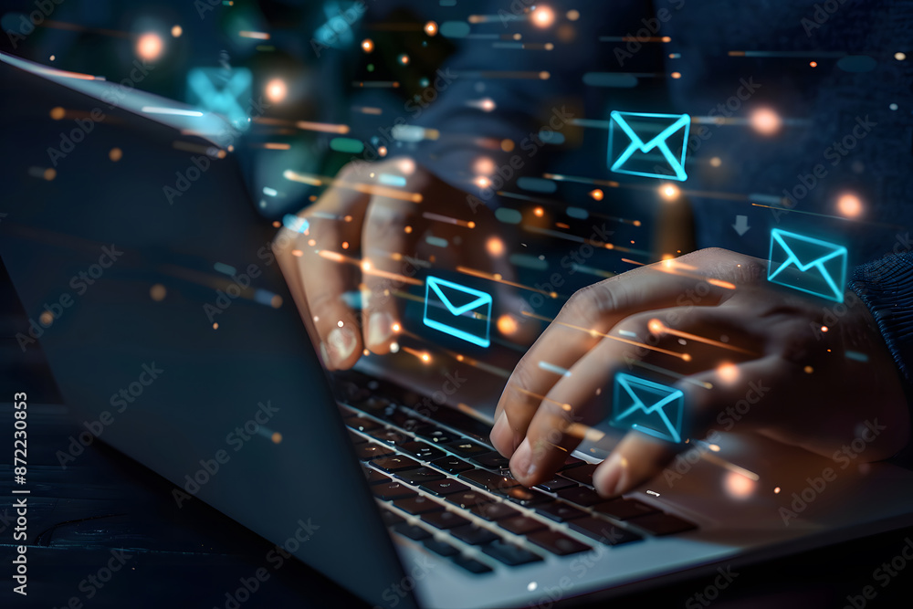 Aufkleber email spam concept. a person uses a laptop with a virtual screen of spam email notifications, warnin