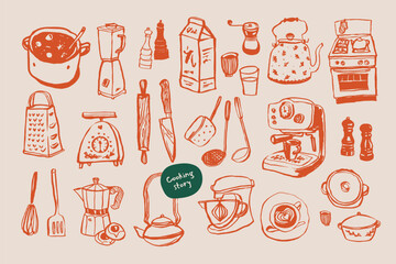 Minimalist hand drawn food and drink vector illustration collection. Art for postcards, branding, logo design, background.	