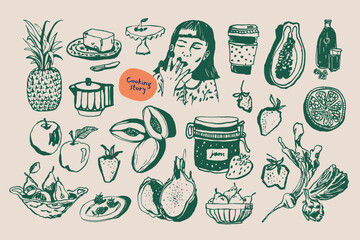 Minimalist hand drawn food and drink vector illustration collection. Art for postcards, branding, logo design, background.	