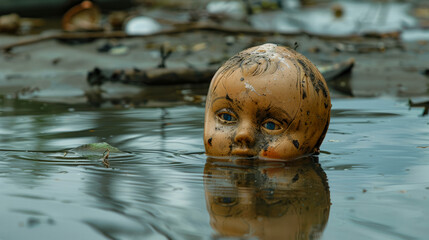 Creepy abandoned doll head floating in polluted water, symbolizing environmental neglect