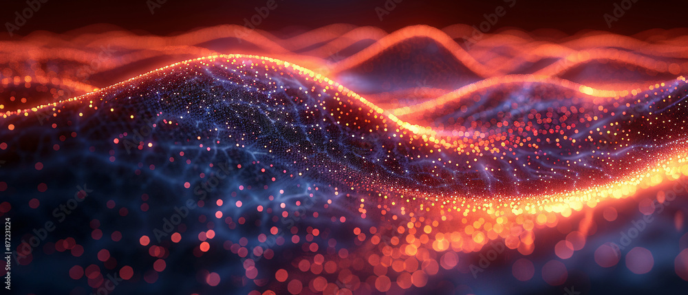 Poster a futuristic network visualization with glowing red and blue nodes forming wave-like patterns. the d