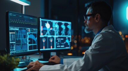 Focused Scientist Working Late in Lab