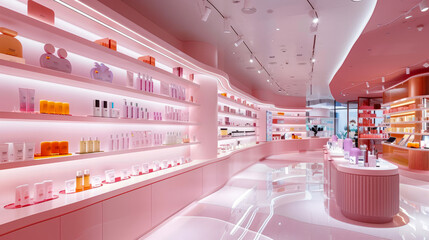Modern luxury cosmetic store with pink decor and well-lit shelves