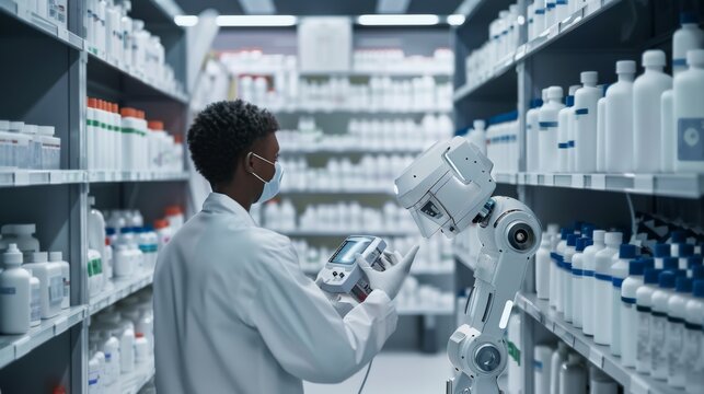 Pharmacist Using a Robot Assistant in a Pharmacy - Powered by Adobe