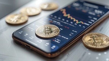 Bitcoin coins lying on the phone, crypto topics