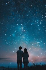 Obraz premium Silhouetted couple gazing at a starry night sky