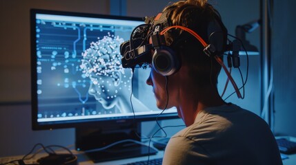 Man Wearing VR Headset with Computer Monitor in Background