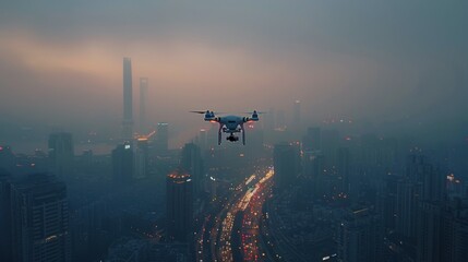 Naklejka premium Drone flying over the city, global aerial surveillance.