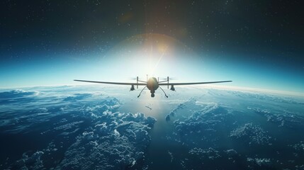Naklejka premium Drone flying over the city, global aerial surveillance.