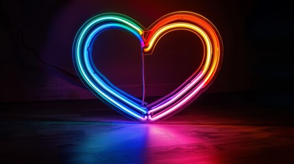 A photograph of a neon heart sign glowing in multiple colors
