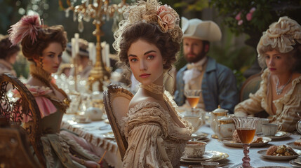 Elegant 18th Century Garden Party with Aristocratic Guests in Period Costume Enjoying Lavish Tea Setting