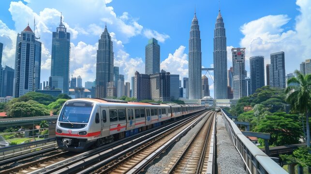 A modern Malaysia MRT (Mass Rapid Transit) train, is a transportation for future generations. Twin Towers background in a cityscape of Kuala Lumpur.