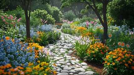 A Serene Stone Path in a Lush Flower Garden