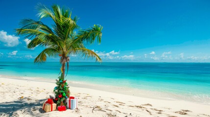 Tropical Christmas Tree on a Sunny Beach with Gifts and Decorations